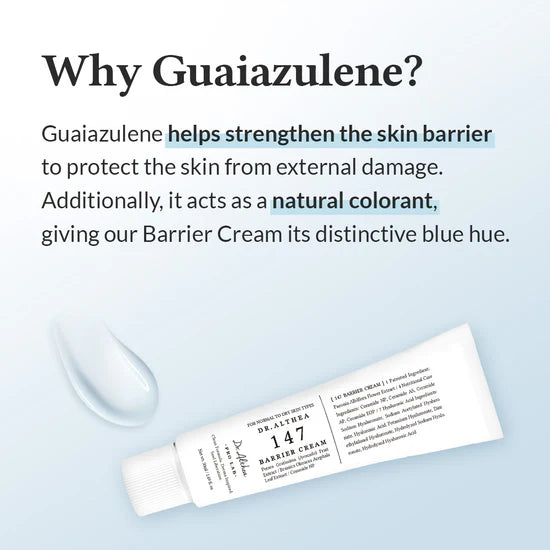 Barrier cream tube with text explaining guaiazulene's benefits on a light blue background