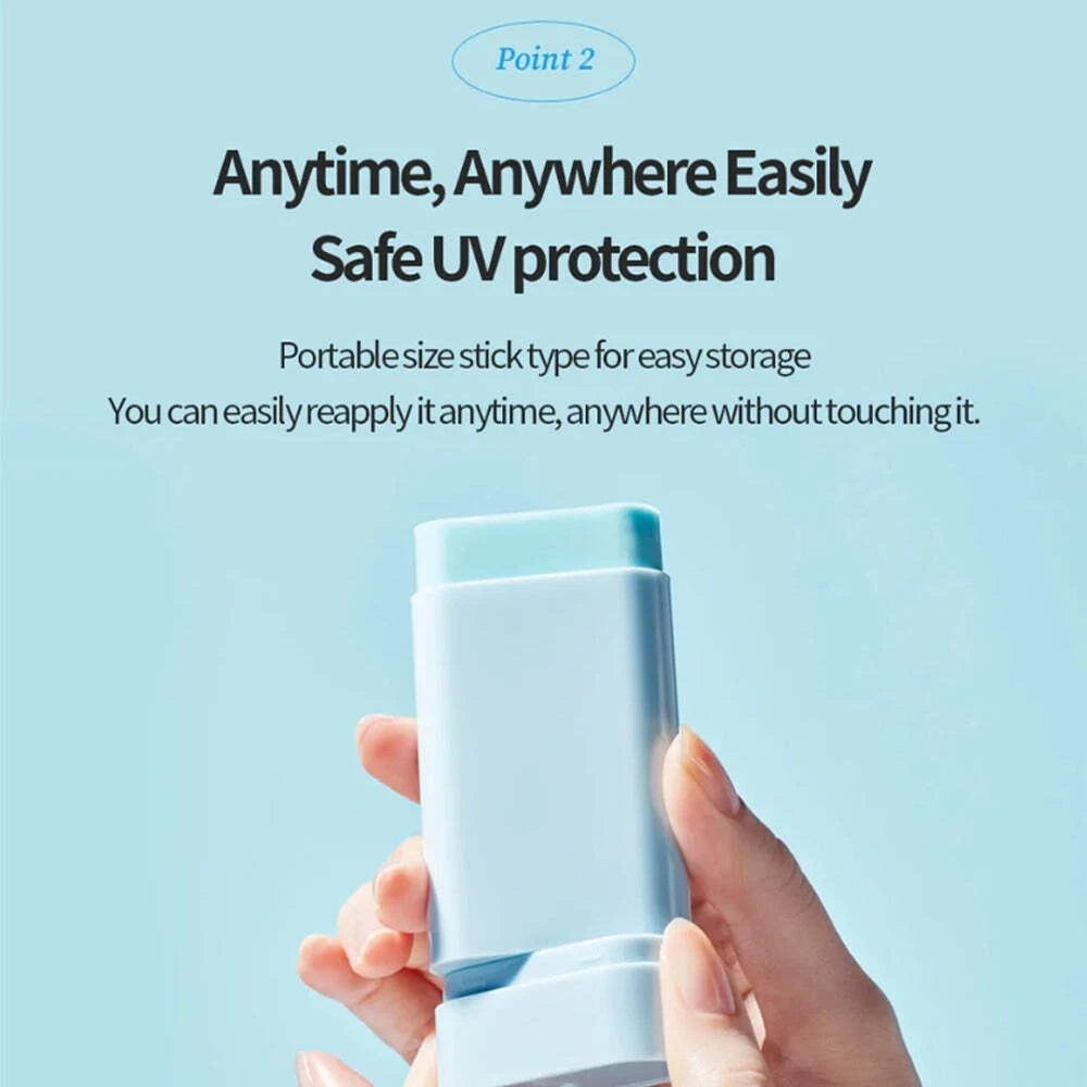 Hand holding a UV protection stick with text about its ease of use and portability on a light blue background.